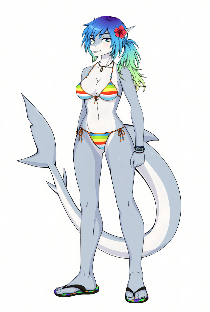 1girl big_ass big_breasts bikini cute flower flower_in_hair gray_skin posing rainbow_hair seductive shark shark_girl taifun_riders tail white_skin