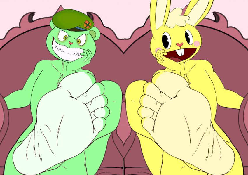 2boys 5_toes anthro barefoot bear beret bunny chair crossed_legs cuddles cuddles_(htf) cyborg-steve duo edit feet fliqpy fliqpy_(htf) foot_fetish foot_focus fuckboy green_fur happy_tree_friends head_on_hand lagomorph leporid male male_only mammal mondo_media nude rabbit sitting smile soles ursid yellow_fur