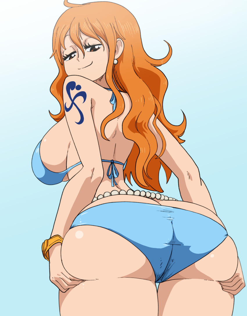 1girl ass ass_cleavage ass_support big_ass big_breasts bikini breasts bubble_ass bubble_butt butt_crack earrings fat_ass fat_butt female_only inker_comics inkershike large_ass large_butt light-skinned_female light_skin long_hair looking_at_viewer looking_back nami one_piece orange_hair pearls post-timeskip shounen_jump tattoo thick_ass thick_thighs wide_hips