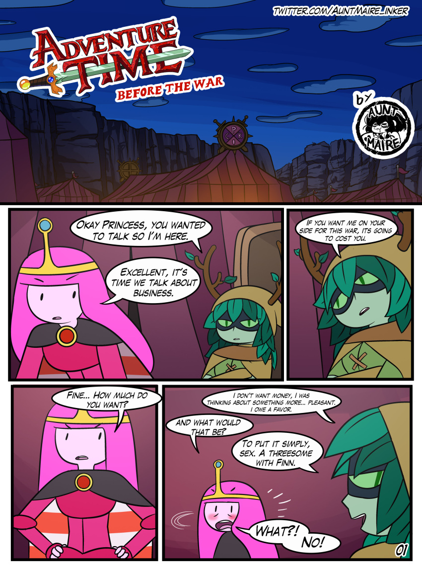 adventure_time aunt_maire comic coolerinker english_text finn_the_human green_hair huntress_wizard inker_comics inkershike page_1 page_number pink_hair princess_bubblegum threesome