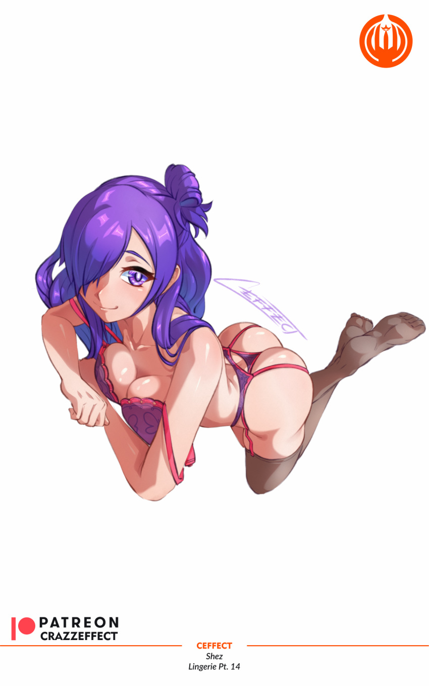 1girl alluring ass big_ass big_breasts bra cleavage crazzeffect female_only fire_emblem fire_emblem:_three_houses fire_emblem_warriors:_three_hopes garter_belt hair_over_one_eye kneel long_hair looking_at_viewer nintendo off_shoulder panties purple_bra purple_eyes purple_hair purple_panties shez_(fire_emblem) shez_(fire_emblem)_(female) smile underwear white_background