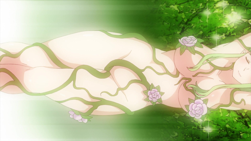 breasts completely_nude_female elf-san_wa_yaserarenai flower green_hair kusahanada plant_girl plus-sized_elf tagme vines