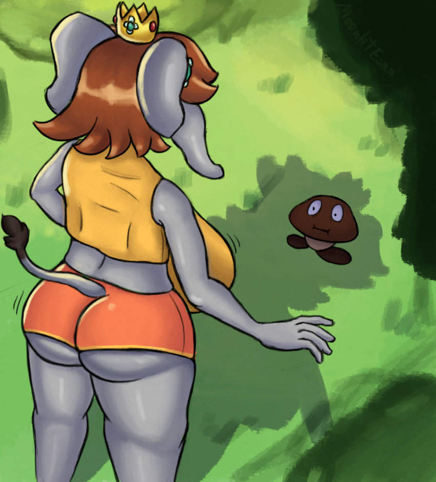 1girl 1other 2023 anthro anthrofied ass breasts clothing crown dominant_anthro elephant elephant_daisy elephant_tail elephant_trunk female_focus giantess goomba grass_field height_difference huge_ass huge_breasts mario_(series) moonlitesau nintendo outside princess_daisy standing super_mario_bros._wonder suprised_look tall_female