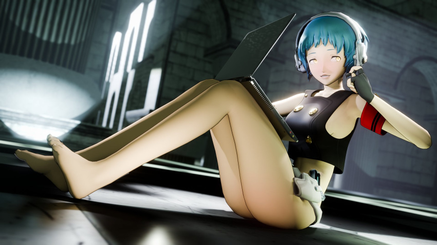 3d amateurthrowaway barefoot bottomless computer evoker high_res laptop persona persona_3 tagme yamagishi_fuuka yellow_eyes