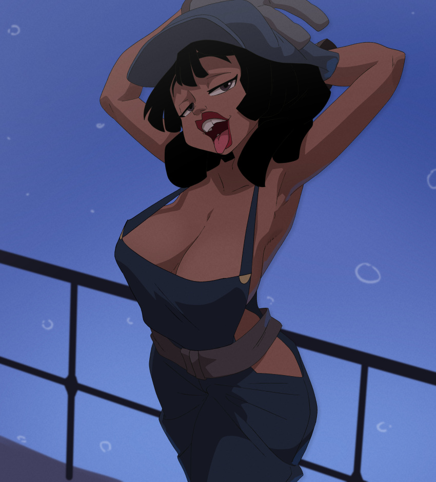 1girl alternate_version_available armpits arms_behind_head atlantis:_the_lost_empire audrey_ramirez audrey_rocio_ramirez big_breasts black_hair cleavage coolerinker dark-skinned_female dark_skin disney female_focus female_only inker_comics inkershike long_hair looking_at_viewer naked_overalls nude open_mouth