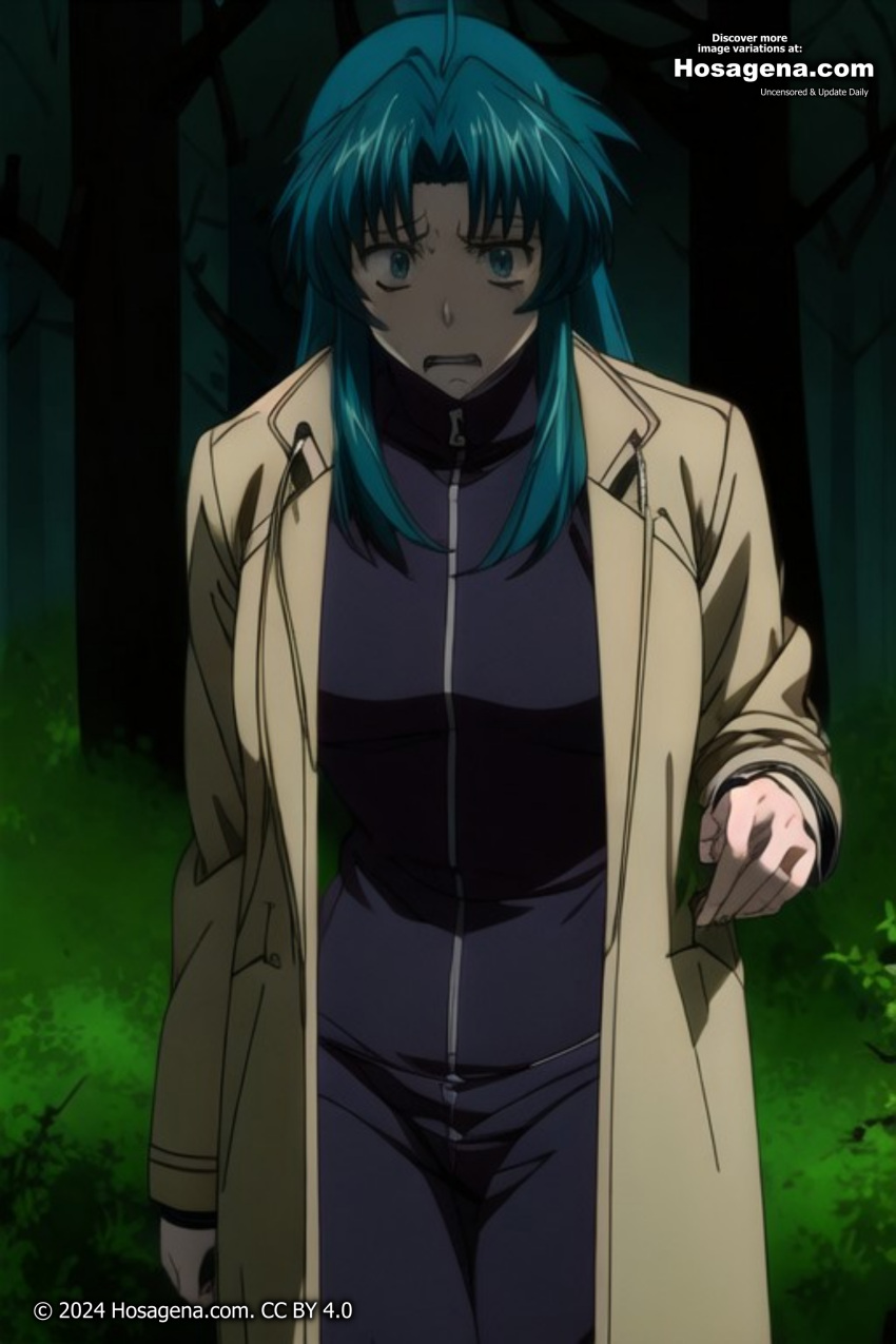 blue brown chidori coat dark fleeing forest full hair kaname long metal midnight panic survival tension