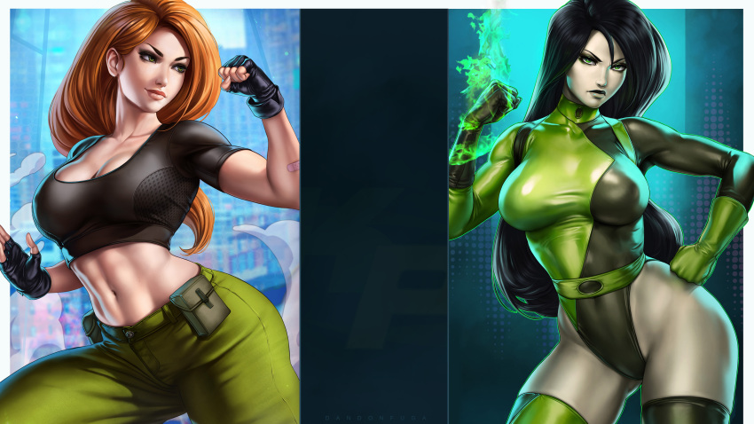 1girl 2_girls abs action_pose aged_up alluring athletic_female big_breasts black_hair breasts child_bearing_hips clothed clothing dandon_fuga disney female_abs female_focus female_only fingerless_gloves fit_female ginger_hair gloves green_eyes green_skin hips kim_possible kimberly_ann_possible leotard long_hair looking_at_viewer mature mature_female older older_female pants pin_up shego smile stockings thick_thighs thighs tight_clothes tight_clothing tight_fit tight_leotard toned toned_female young_adult young_adult_female young_adult_woman