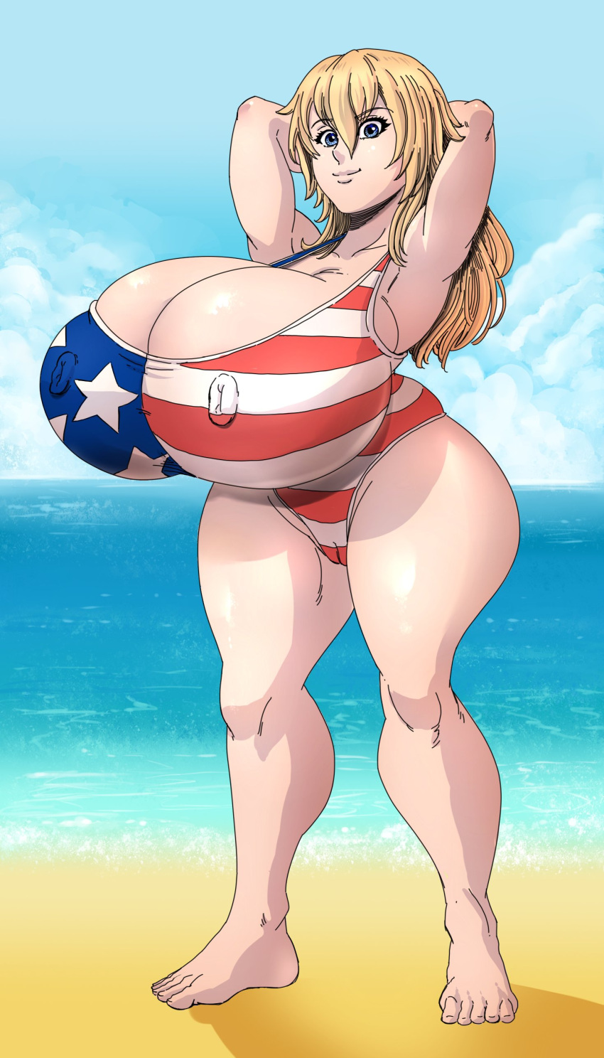 1girl 2022 american_flag_bikini american_flag_swimsuit armpits arms_behind_head ass barefoot beach blonde_hair blue_eyes booty_calls breasts cameltoe commission commissioner_upload erect_nipples female_only gigantic_ass gigantic_breasts huge_ass huge_breasts long_hair looking_at_viewer massive_breasts mature mature_female mature_woman milf nipples nipples_visible_through_clothing nutaku one-piece_swimsuit pussy smile swimsuit thick_thighs thighs twisteddragonart wide_hips zoe_(booty_calls)