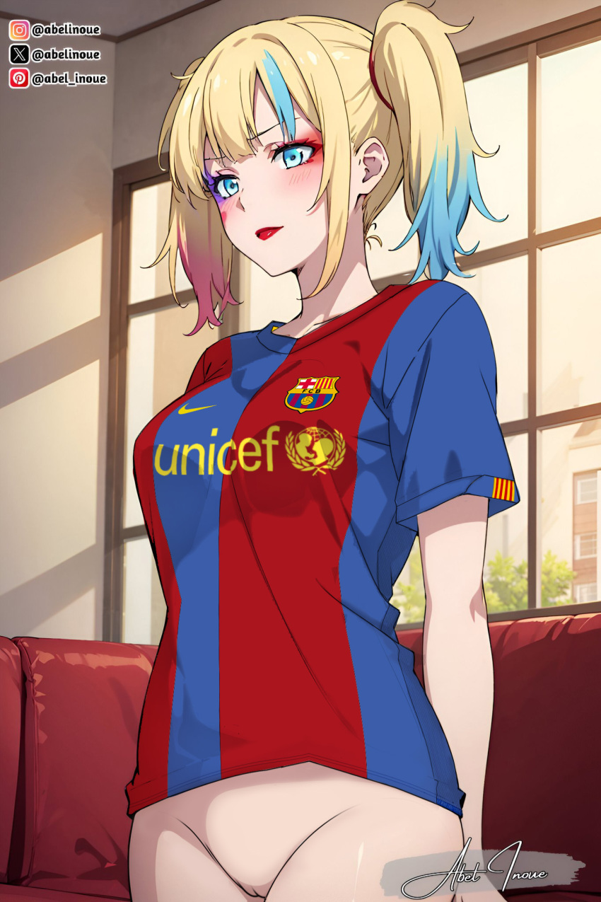 1girl abelinoue blonde_hair blue_eyes bottomless fc_barcelona female_only harley_quinn harley_quinn_(suicide_squad_isekai) long_hair multicolored_hair nekom14 no_panties pussy red_lipstick soccer_jersey suicide_squad_isekai twin_tails