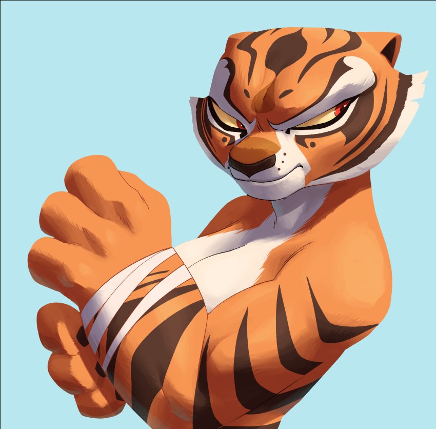 1girl angry_face anthro bandage big_breasts coolerinker covered_nipples covering_breasts digital_media_(artwork) dreamworks feline female_focus female_only furry inker_comics inkershike kung_fu_panda master_tigress muscular_female red_eyes simple_background tiger