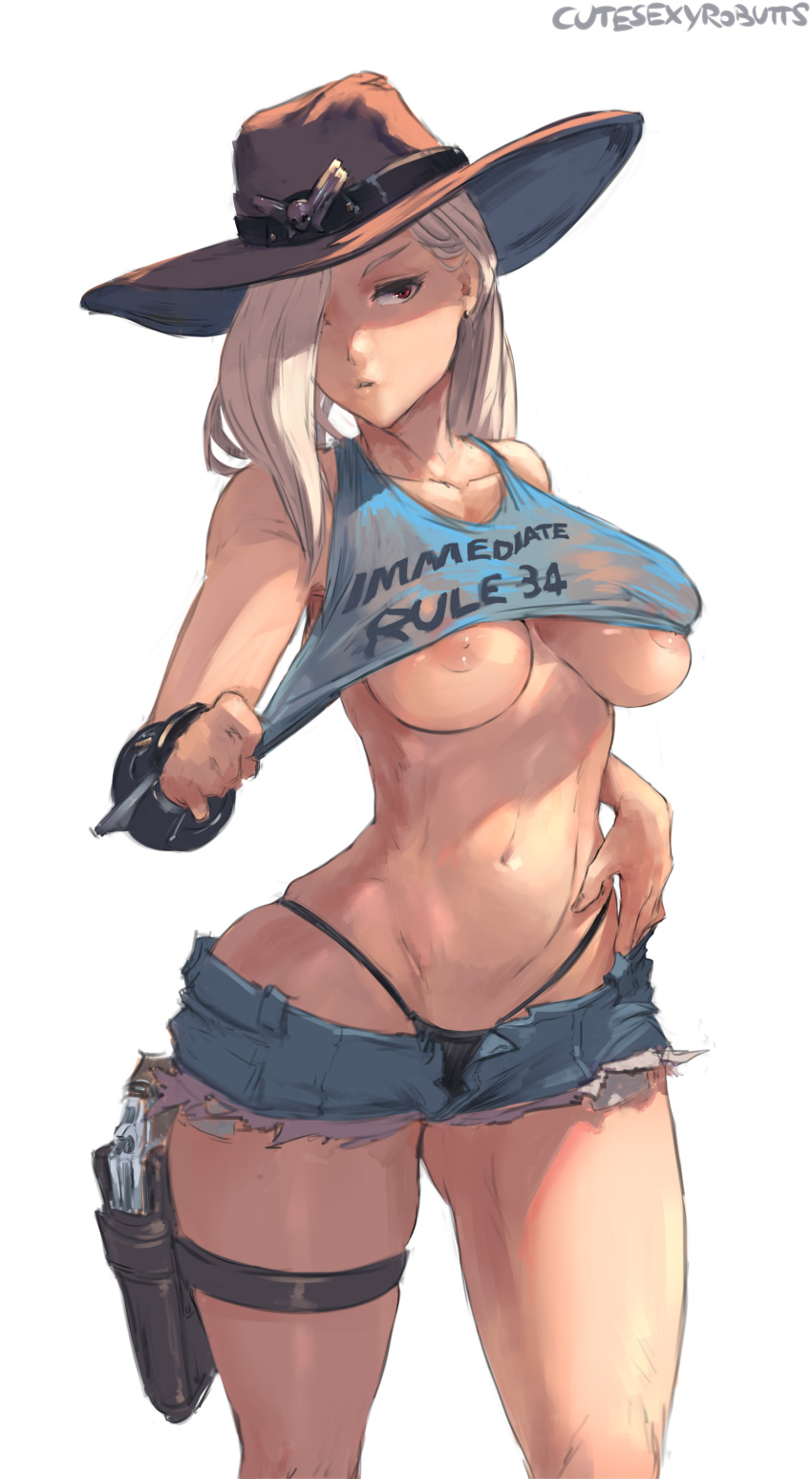 1girl areola areola_slip artist_name ashe_(overwatch) ass bare_shoulders big_breasts blizzard_entertainment blue_shirt breasts clavicle cowboy_hat crop_top curvaceous cutesexyrobutts denim denim_shorts female_only female_solo gun hair_over_one_eye handgun hat hat_over_one_eye high_resolution highleg highleg_panties hip_focus hips holster huge_ass long_hair looking_at_viewer lowleg lowleg_shorts medium_breasts meta midriff navel nipple_slip nipples no_bra overwatch paid_reward panties patreon_reward pinup pistol red_eyes revolver shirt shirt_pull short_shorts shorts simple_background skindentation stomach text_on_clothes thick_thighs thigh_holster thigh_strap thighs thong under_boob underboob underwear very_high_resolution waist weapon white_background white_hair wide_hips