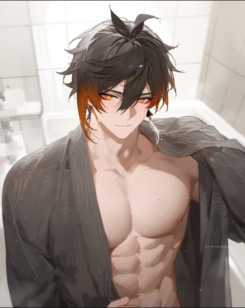 1boy bare_chest bathroom genshin_impact looking_at_viewer male male_only nomune robe single_earring smile solo_male wet zhongli_(genshin_impact)