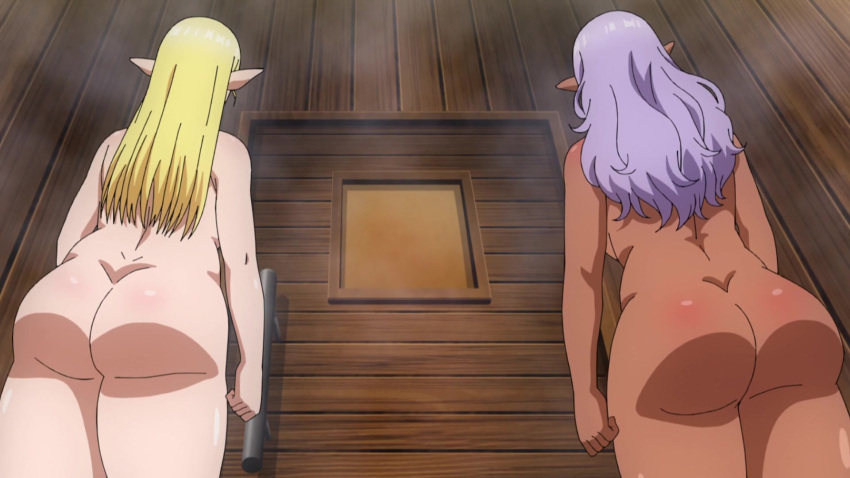 2girls anime_screenshot big_breasts big_butt blonde_hair bubble_butt butt_crack completely_nude_female curvy curvy_figure cuvaceous dark-skinned_female dark_elf dark_skin elf elf-san_wa_yaserarenai elf_female elfuda fat_ass female huge_butt kuroeda light_purple_hair long_hair naked nude plump plus-sized_elf pointy_ears purple_hair steam steamroom tagme thick_thighs thighs voluptuous voluptuous_female wide_hips