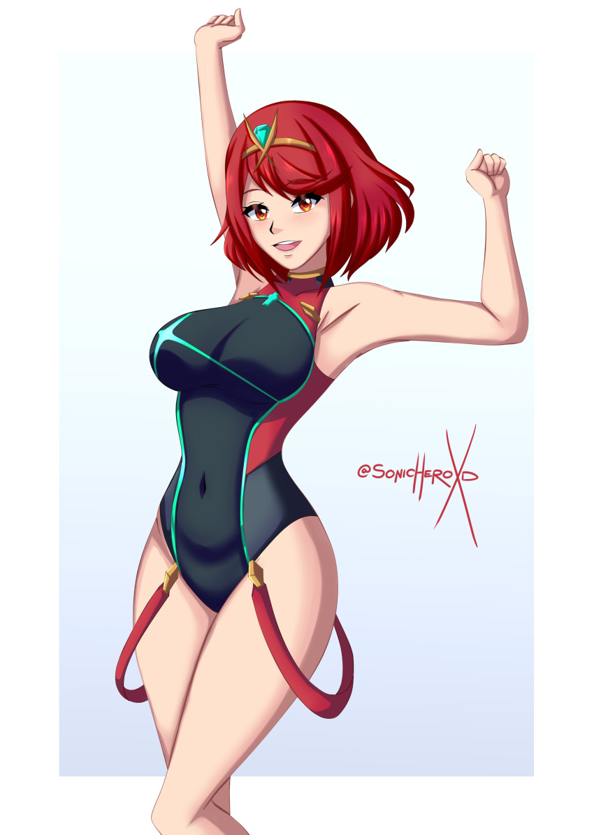 1girl alluring bare_legs big_breasts bikini cleavage core_crystal female_only milf nintendo one-piece_bikini pin_up pyra red_eyes red_hair short_hair sonicheroxd xenoblade_(series) xenoblade_chronicles_2