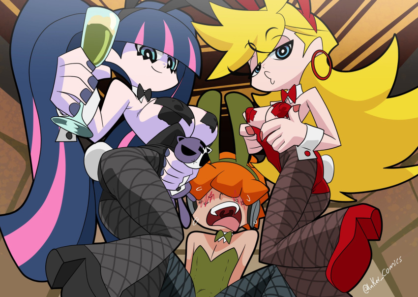 1boy 2_girls ass big_breasts blonde_hair blue_eyes blue_hair blush breasts briefers_rock bunny_boy bunny_girl bunnysuit coolerinker crossdressing femboy fishnets high_heels inker_comics inkershike pale-skinned_female pale_skin panty_&_stocking_with_garterbelt panty_anarchy pantyhose pasties pink_hair stocking_anarchy tape whimp