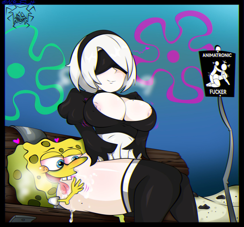 1boy 1girl ass nier:_automata nier_(series) presenting sexually_suggestive short_hair spongebob spongebob_squarepants spongebob_squarepants_(character) white_hair yorha_2b yorha_no._2_type_b