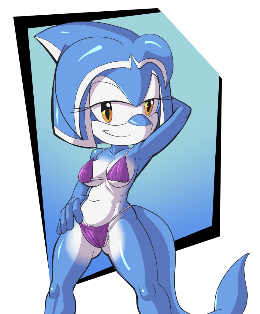 1girl 2021 anthro bedroom_eyes bikini blue_skin cameltoe cetacean cleavage dolphin fan_character fours_(artist) hand_behind_head hand_on_hip high_res looking_at_viewer mammal marine multicolored_skin original_character posing purple_bikini shell_bikini short_hair smirk sonic_legacy sonic_oc sonic_the_hedgehog_(series) tail tempest_the_dolphin toothed_whale yellow_eyes