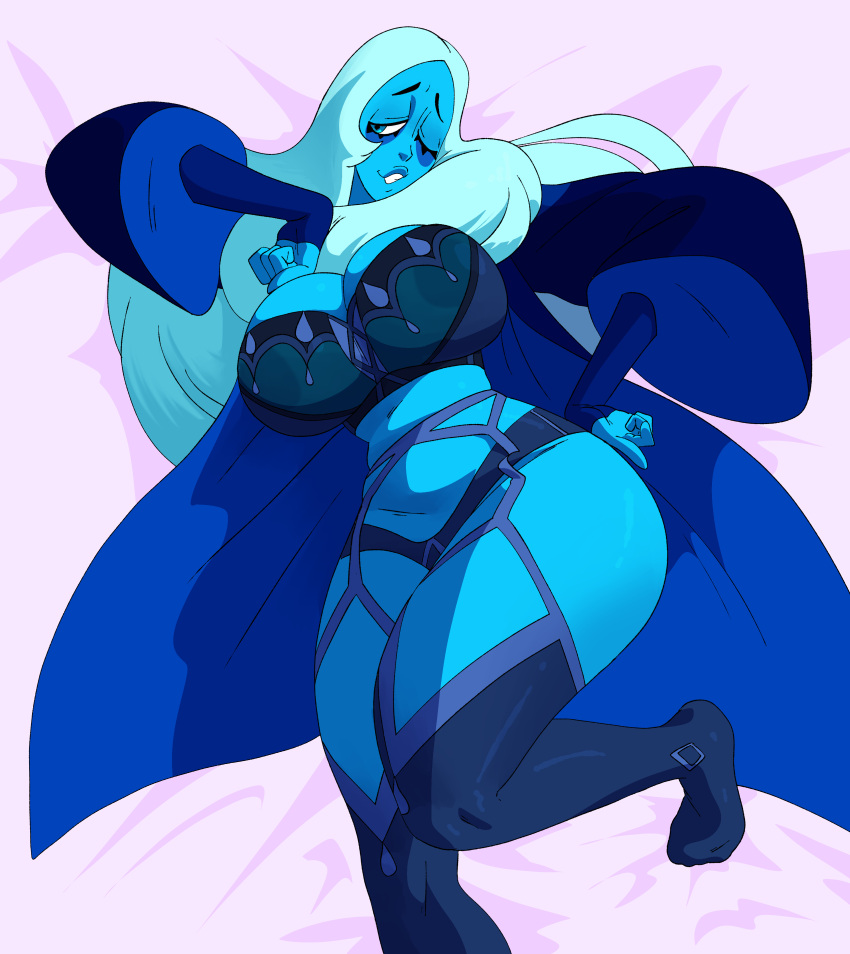 1girl areola areolae_visible_through_clothing bedroom_eyes big_breasts blue_body blue_diamond_(steven_universe) blue_eyes blue_hair blue_skin breasts breasts_bigger_than_head cartoon_network curvaceous curvy female_only gem_(species) gown grin hand_on_breast hand_on_hip high_res huge_breasts humanoid inker_comics inkershike large_areolae laying_down laying_on_bed legs lingerie long_hair long_sleeves looking_at_viewer looking_away on_back robe smile solo_female steven_universe stockings thick_thighs thighs underwear voluptuous