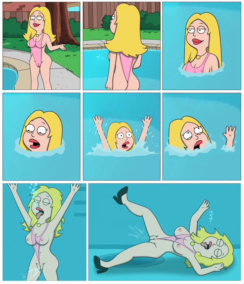 1girl 20th_century_fox ahe_gao american_dad big_pussy blonde_hair cameltoe drown drowning female francine_smith one-piece_swimsuit outdoor_pool pool sexfightfun solo swimsuit swimsuit_pull underwater water wedgie