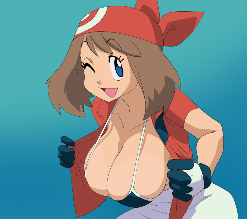 1girl bandana big_breasts blue_eyes bra breasts brown_hair brunette coolerinker female_only gloves huge_breasts inker_comics inkershike may_(pokemon) may_(pokemon_rs) nintendo pokemon pokemon_rse red_bandana solo_female solo_focus swimsuit track_suit