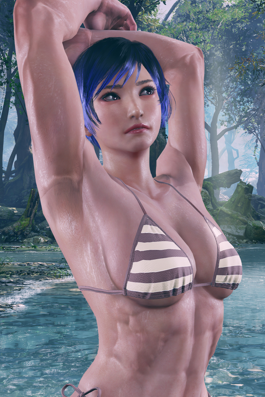 1girl alluring athletic_female bikini black_and_purple_hair cleavage envy15re2lm female_abs fit_female medium_breasts mod namco purple_eyes reina_(tekken) tekken tekken_8 wet yakushima