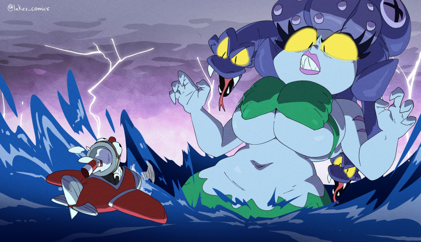 alternate_version_available big_breasts big_breasts cala_maria chubby cuphead cuphead_(game) curvy giantess gorgon green_skin huge_breasts inkershike larger_female medusa mermaid mermaid_giantess seashell_bra smaller_male snake wide_hips