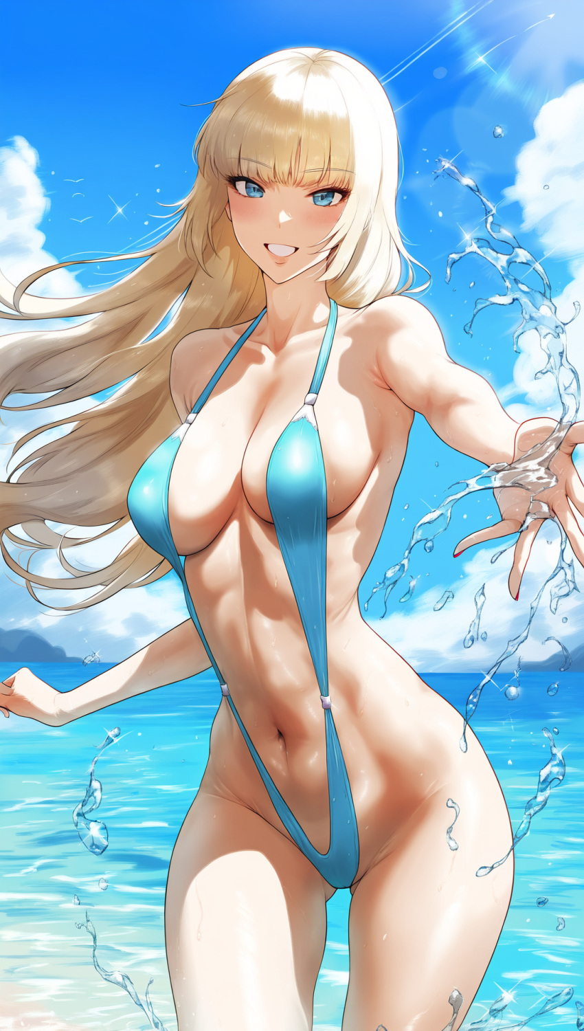 1girl accurate_art_style alluring bare_legs beach big_breasts blonde_hair blue_eyes cleavage emilie_de_rochefort looking_at_viewer namco outside phone_wallpaper sling_bikini slingshot_swimsuit splashing tekken water zengai