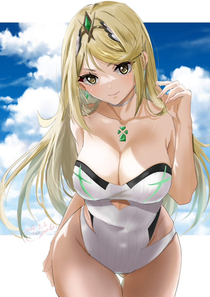 1girl 1girl alluring bare_arms bare_shoulders big_breasts blonde_hair blush choker cleavage closed_mouth collarbone gem groin head_tilt headpiece high_res jewelry long_hair looking_at_viewer mythra mythra_(radiant_beach)_(xenoblade) nayuta-kanata one-piece_bikini smile strapless strapless_one-piece_bikini swept_bangs swimsuit tiara very_long_hair white_choker white_one-piece_bikini xenoblade_(series) xenoblade_chronicles_2 yellow_eyes