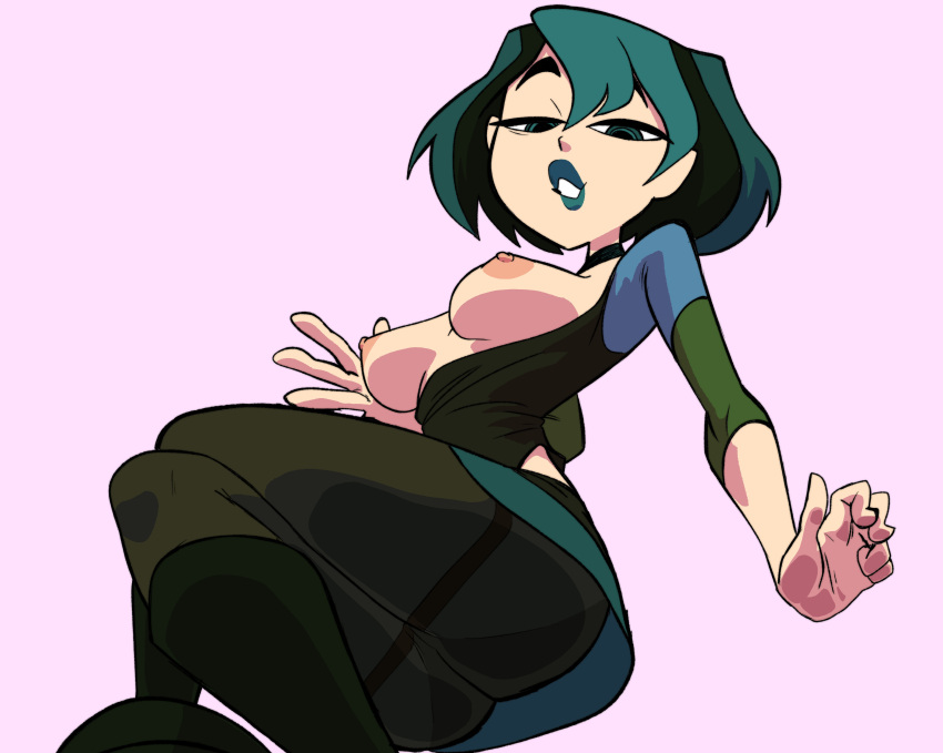 1girl 1girl against_glass ass_on_glass breasts clothing goth green_hair gwen_(tdi) inkershike nipples solo_female thighs_on_glass total_drama_island upskirt