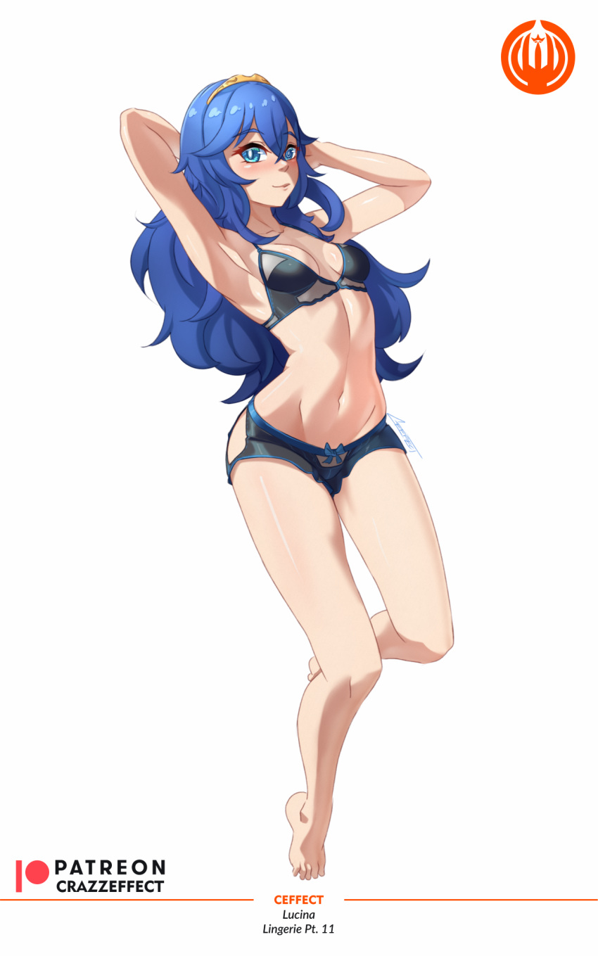 1girl 1girl 1girl alluring arms_behind_head arms_up bare_legs bare_midriff barefoot black_panties blue_eyes blue_hair bra crazzeffect female_only fire_emblem fire_emblem_awakening full_body hair_between_eyes legs lingerie long_hair looking_at_viewer lucina lucina_(fire_emblem) midriff nintendo panties small_breasts smile symbol-shaped_pupils tiara underwear white_background