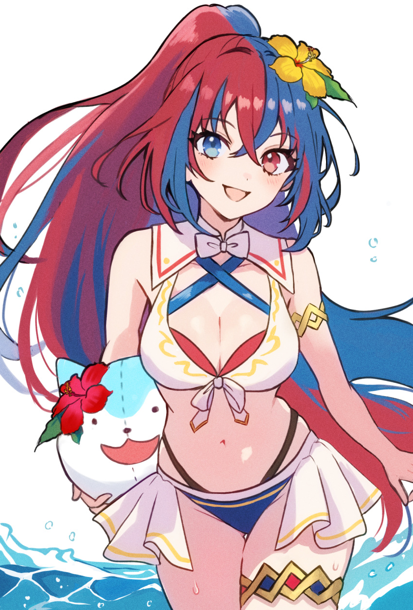 1girl :d alear_(female)_(fire_emblem) alear_(female)_(seaside_dragon)_(fire_emblem) alear_(fire_emblem) alluring armband bangle big_breasts bikini blue_bikini blue_eyes blue_hair bracelet character_doll cleavage criss-cross_halter crossed_bangs fire_emblem fire_emblem_engage fire_emblem_heroes halterneck heterochromia high_ponytail high_res jewelry long_hair multicolored_hair nintendo official_alternate_costume official_alternate_hairstyle open_mouth ponytail red_bikini red_eyes red_hair smile sommie_(fire_emblem) split-color_hair swimsuit two-tone_hair white_bikini yuurururun