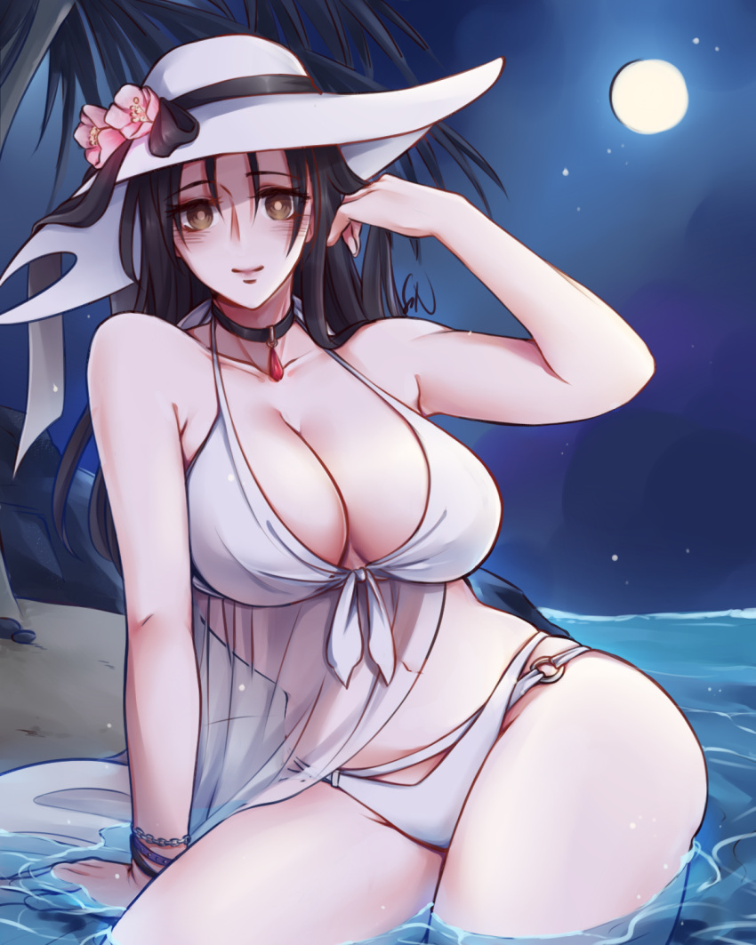 1girl 1girl alluring beach big_breasts bikini black_hair brown_eyes cleavage hat in_water kazama_jun milf namco night sin.(artist) sun_hat swimsuit tekken tekken_2 tekken_8 tekken_tag_tournament tekken_tag_tournament_2