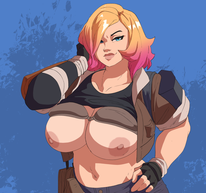 1girl big_breasts blonde_hair blue_eyes coolerinker curvy epic_games female_only fortnite fortnite:_save_the_world hair_over_one_eye hand_on_head hand_on_hip high_res inker_comics inkershike light_skin multicolored_hair nipples penny_(fortnite) pink_hair pink_nipples simple_background smile topwear