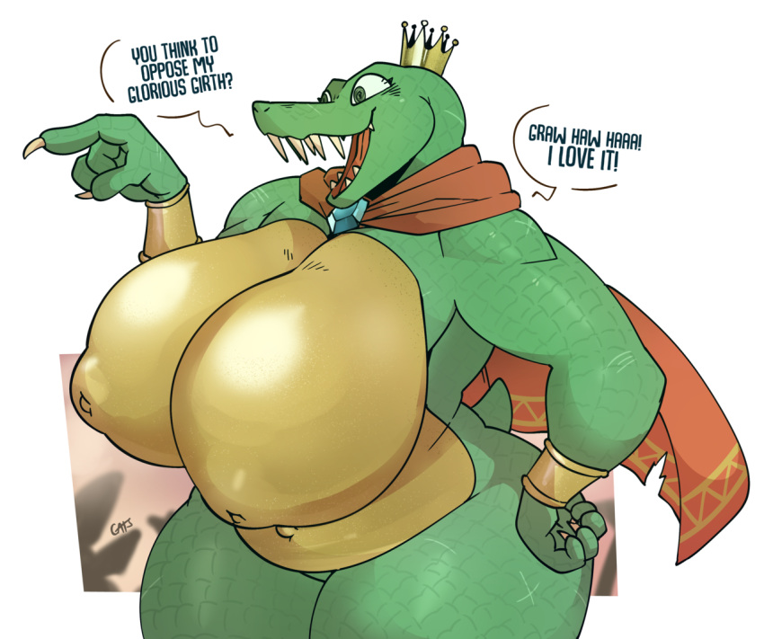 1girl breasts cape chubby claws crown donkey_kong_(series) female_k_rool gats genderswap gigantic_breasts green_eyes hand_on_hip inverted_nipples k_rool kremling nipples open_mouth plump scalie sharp_teeth simple_background standing tail thick_thighs voluptuous wrist_cuffs wristband