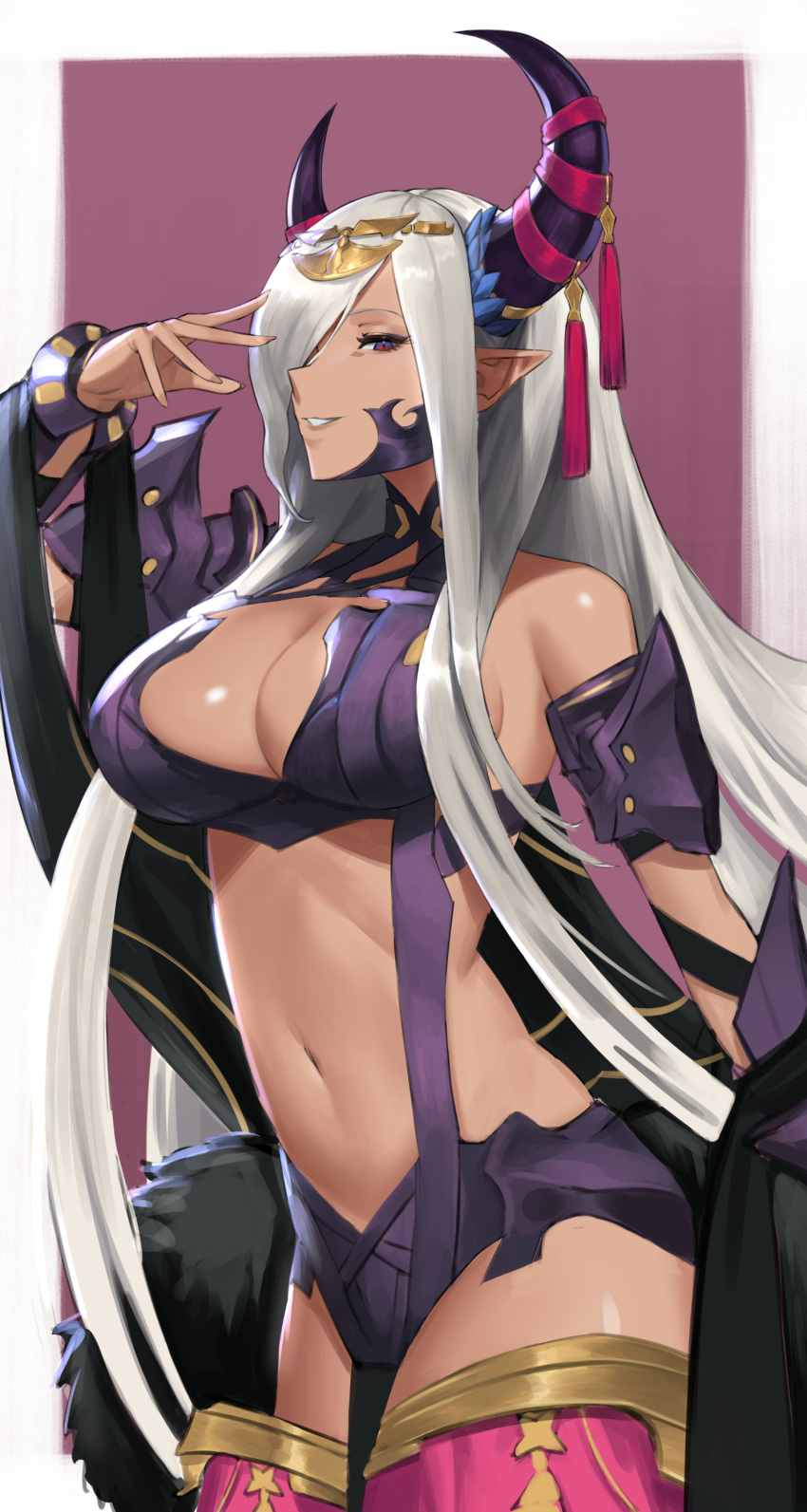 1girl 1girl absurd_res alluring asymmetrical_horns bare_shoulders big_breasts blush cleavage commentary cowboy_shot detached_sleeves dragon_girl fire_emblem fire_emblem_engage grey_hair grey_horns hair_ornament hair_over_one_eye high_res horns long_hair looking_at_viewer mature_female midriff navel nintendo parted_lips pointy_ears purple_eyes purple_ribbon ribbon shou_illust simple_background smile standing stomach tan tassel tassel_hair_ornament thighs uneven_horns very_long_hair zephia_(fire_emblem)