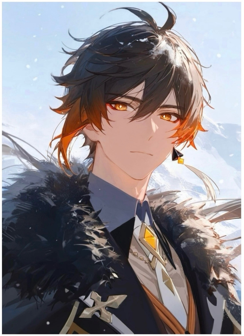 1boy ahoge alternate_costume coat earrings fur-trimmed_coat fur_trim genshin_impact image_sample jewelry looking_at_viewer male male_only nomune pixiv_sample single_earring solo solo_focus winter_clothes zhongli_(genshin_impact)