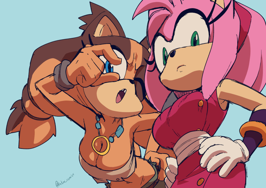 1girl 2_girls 2d amy_rose amy_rose_(boom) anthro badger big_breasts blue_eyes breasts cleavage color dress female_only furry green_eyes hands_on_hips hanging_breasts hedgehog inker_comics inkershike jpeg necklace sega sonic_boom sonic_the_hedgehog_(series) sticks_the_badger sticks_the_jungle_badger