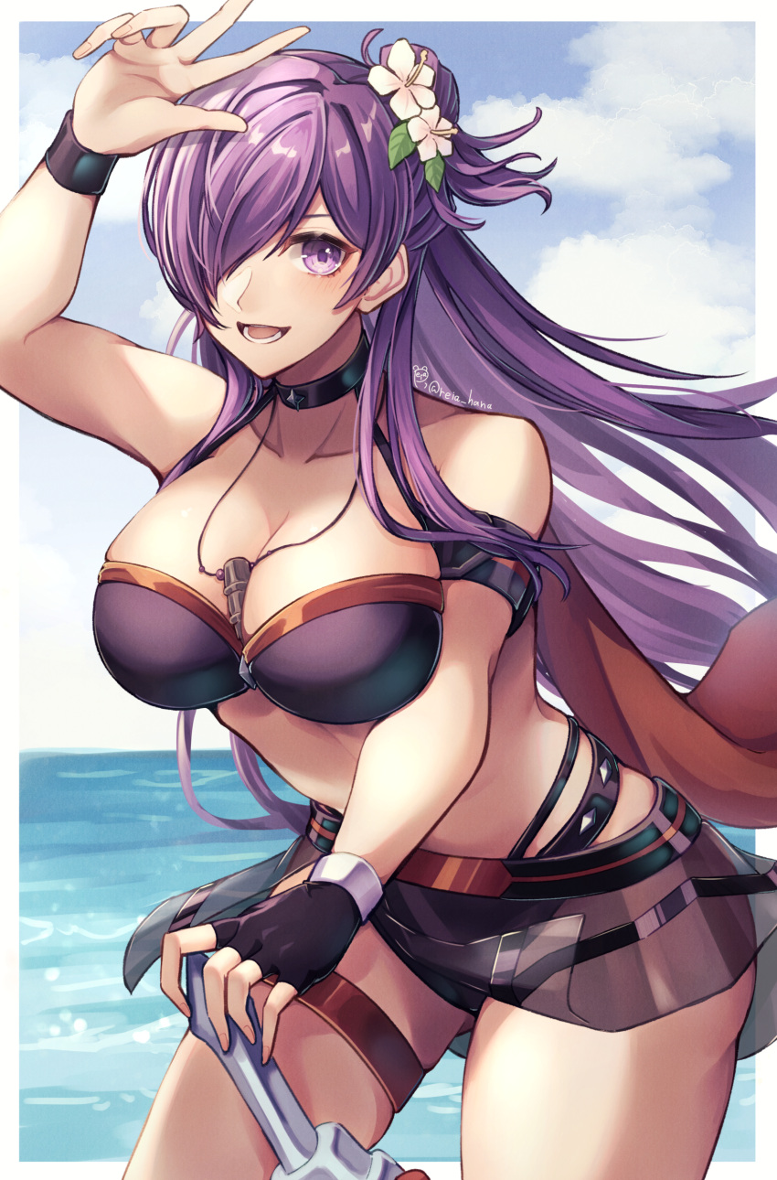 1girl absurd_res alternate_costume arm_up armband ass_visible_through_thighs bare_arms bare_shoulders big_breasts bikini black_bikini black_gloves black_swimsuit blue_sky cloud cowboy_shot day female_only fingerless_gloves fire_emblem fire_emblem:_three_houses fire_emblem_heroes fire_emblem_warriors:_three_hopes flower gloves hair_flower hair_ornament high_res long_hair nintendo ocean official_alternate_costume partial_commentary purple_eyes purple_hair reia_hana shez_(fire_emblem) shez_(fire_emblem)_(female) shez_(summer)_(fire_emblem) single_glove sky standing stomach swimsuit thigh_strap thighs very_long_hair water white_flower