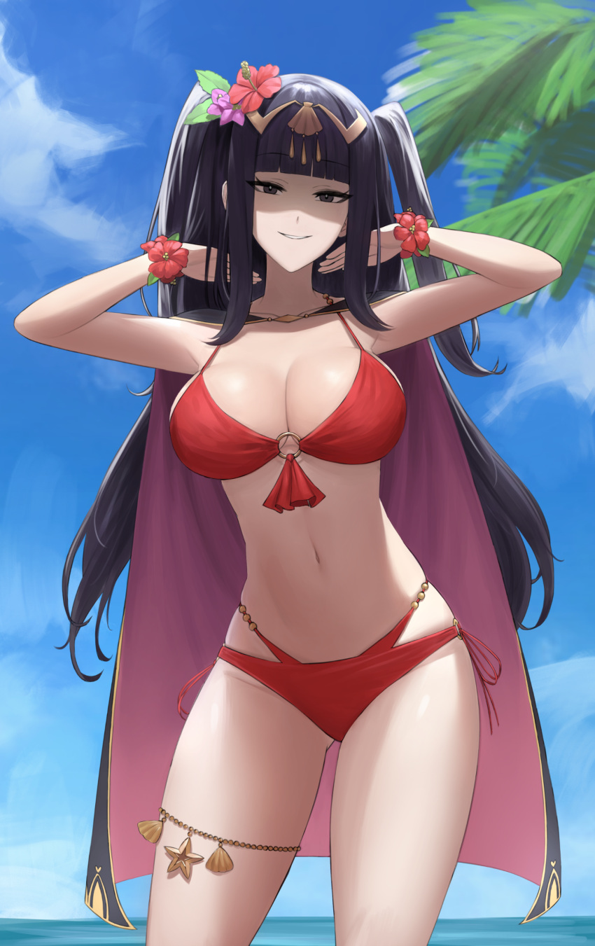 1girl 1girl alluring alternate_costume big_breasts bikini black_eyes black_hair blue_sky bracelet cape cleavage commentary cowboy_shot english_commentary female_focus fire_emblem fire_emblem_awakening fire_emblem_heroes flower flower_bracelet grin hair_flower hair_ornament high_res long_hair looking_at_viewer matching_hair/eyes milf multi-strapped_bikini navel nintendo o-ring o-ring_top ocean official_alternate_costume palm_tree parted_lips red_bikini red_flower shou_illust sky smile standing swimsuit tharja tharja_(fire_emblem) tharja_(summer)_(fire_emblem) tiara tree two_side_up