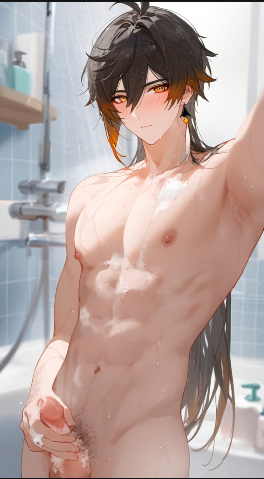 1boy alternate_hairstyle bathroom genshin_impact long_hair looking_at_viewer male male_only masturbation masturbation_(male) nomune penis pixiv_sample showering single_earring soap soap_bubbles solo solo_focus zhongli_(genshin_impact)