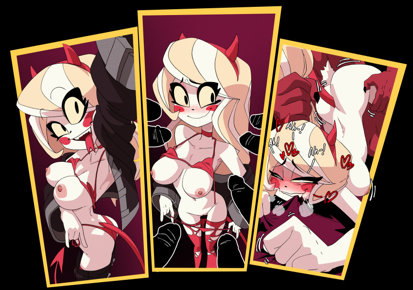 1girl ass bra charlie_morningstar_(hazbin_hotel) clothing demon_girl embarrassed female_only hazbin_hotel high_resolution inker_comics inkershike long_hair multiple_boys multiple_penises nipples panties partial_male power_cosplay seductive sex solo_female