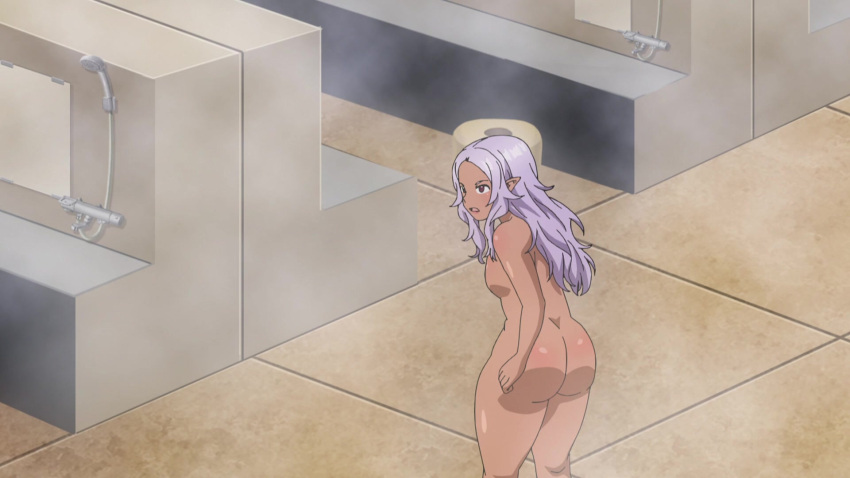 1girl anime_screenshot big_butt bubble_butt butt_crack curvy curvy_figure cuvaceous dark-skinned_female dark_elf dark_skin elf elf-san_wa_yaserarenai fat_ass female huge_butt kuroeda long_hair naked nude plump plus-sized_elf pointy_ears purple_hair solo steam tagme thick_thighs thighs voluptuous voluptuous_female wide_hips