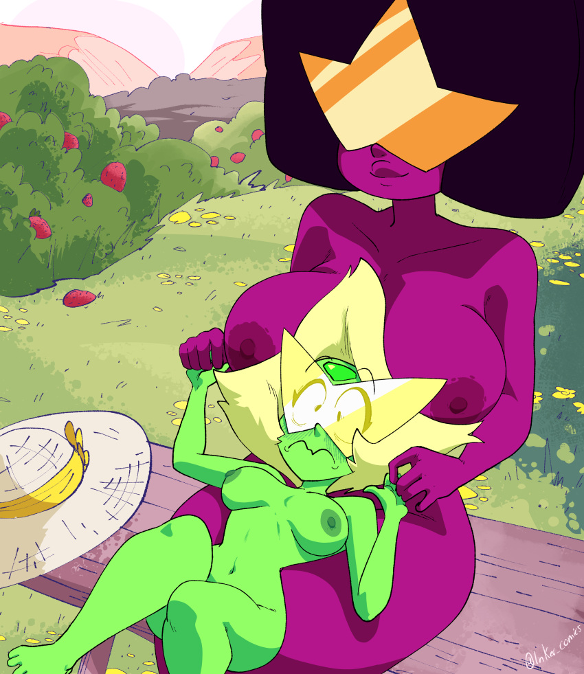 1girl 2_girls 2d alien_girl big_breasts cartoon_network casual coolerinker eyewear garnet_(steven_universe) gem_(species) green_body green_skin headwear high_resolution inker_comics inkershike multiple_girls nipples nude_female peridot_(steven_universe) smile solo_female steven_universe tagme very_high_resolution