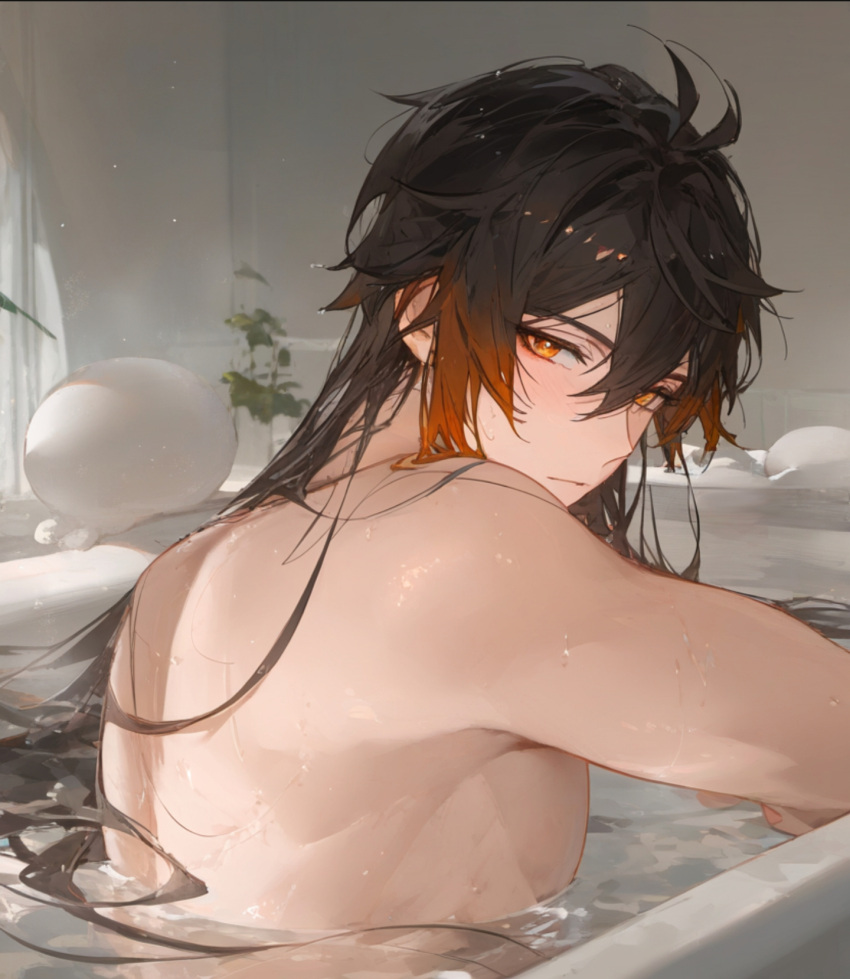 1boy ahoge alternate_hairstyle bath bathing bathroom bathtub blush genshin_impact long_hair looking_at_viewer male male_only nomune pixiv_sample solo solo_focus water wet wet_hair zhongli_(genshin_impact)