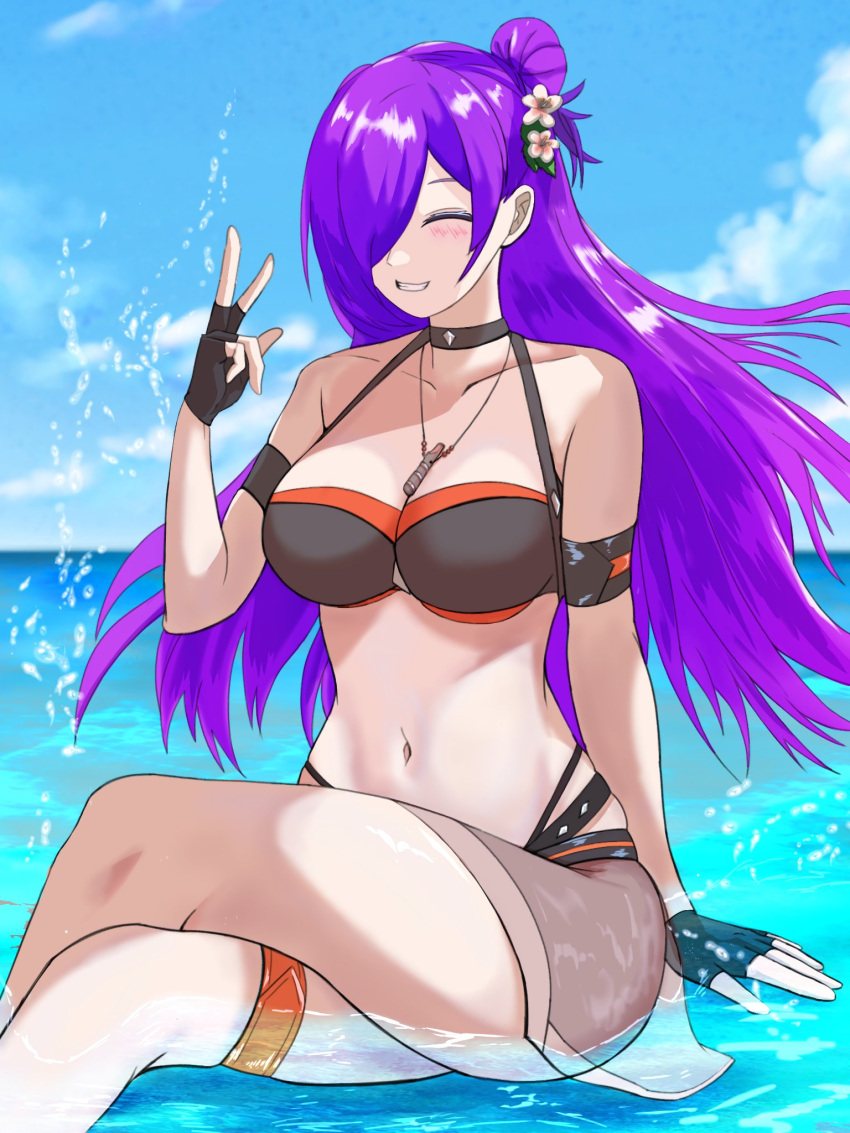 1girl 1girl alluring big_breasts bikini black_bikini black_choker choker fire_emblem fire_emblem:_three_houses fire_emblem_heroes fire_emblem_warriors:_three_hopes flower hair_flower hair_ornament hair_over_one_eye high_res matchanosuke_fe nintendo official_alternate_costume purple_hair shez_(fire_emblem) shez_(fire_emblem)_(female) shez_(summer)_(fire_emblem) smile swimsuit water white_flower