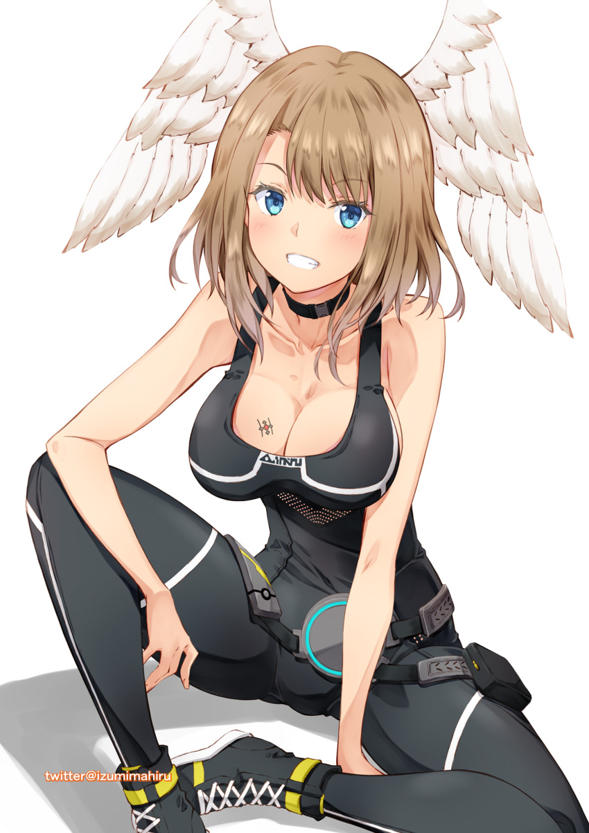 1girl 1girl alluring big_breasts blue_eyes blush boots breast_tattoo choker cleavage commentary_request eunie_(xenoblade) head_wings high_res izumi_mahiru light_brown_hair looking_at_viewer medium_hair sitting smile tattoo white_wings wings xenoblade_(series) xenoblade_chronicles_3