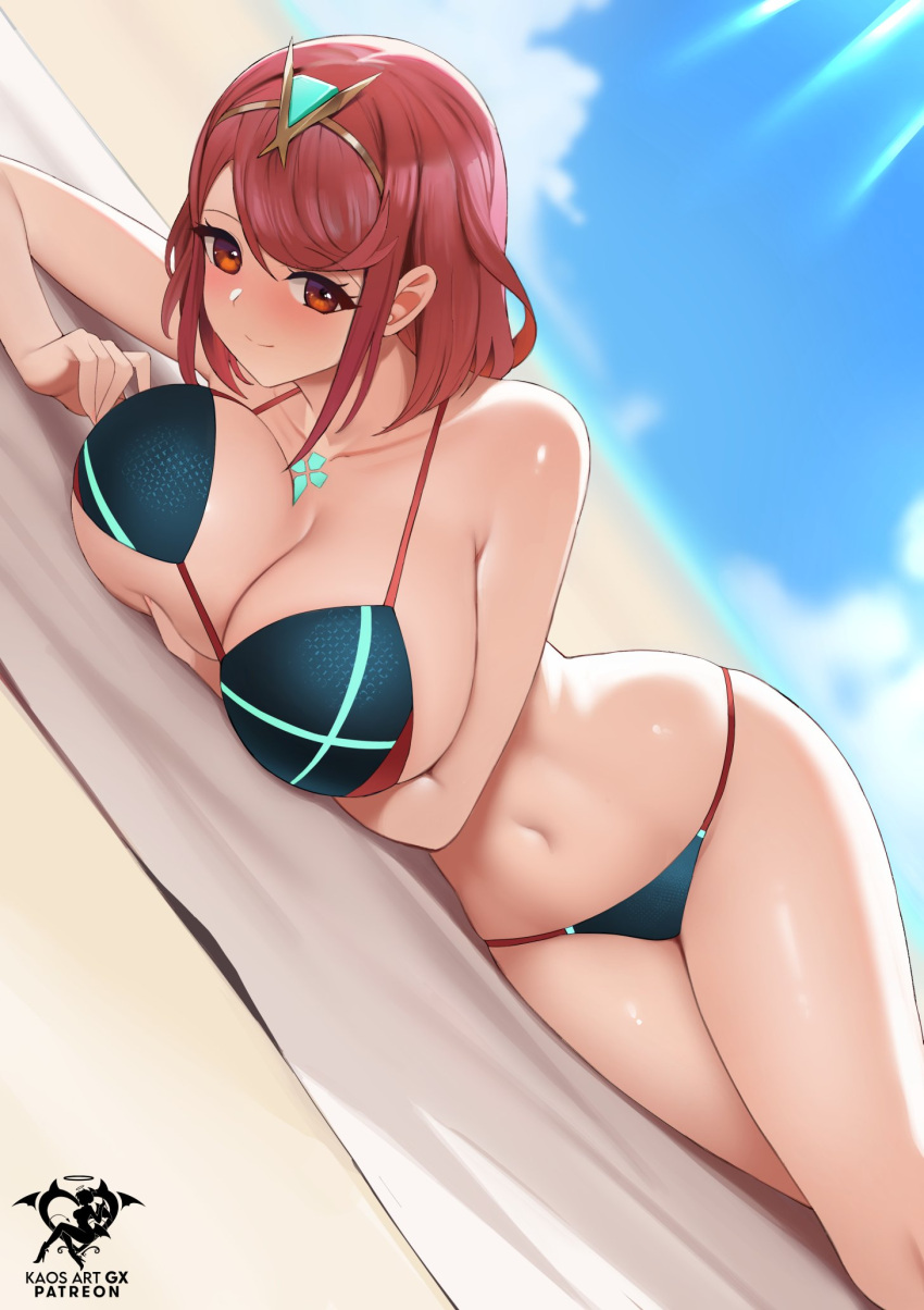 1girl 1girl 1girl alluring alternate_costume bare_legs bikini breasts cleavage female_only kaos_art milf nintendo pyra red_eyes red_hair xenoblade_(series) xenoblade_chronicles_2