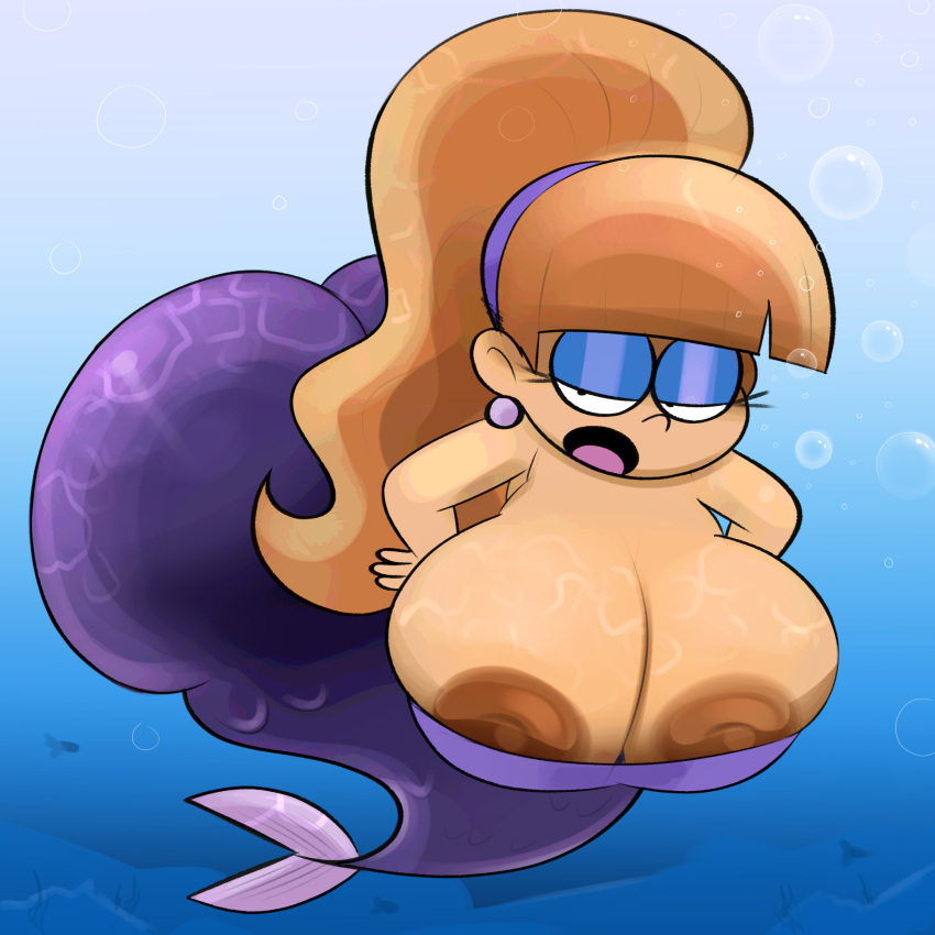 1girl alternate_species areola ass bent_over big_ass big_breasts black_eyes blonde_hair breasts brown_areola brown_nipples bubble cleavage cleavage_overflow clothed clothing disney eyelashes eyeshadow female fish fish_tail gravity_falls hair high_res huge_ass light_body light_skin long_hair looking_at_viewer makeup marine merfolk narrowed_eyes nipple_slip nipples open_mouth ota_(artist) pacifica_northwest ponytail purple_body purple_clothing purple_eyeshadow purple_scales purple_topwear scales solo split_form tied_hair topwear underwater water