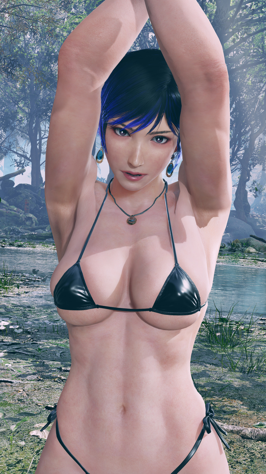 1girl alluring athletic_female big_breasts black_and_purple_hair cleavage envy15re2lm female_abs female_only fit_female micro_bikini mod namco reina_(tekken) tekken tekken_8 thick_thighs yakushima