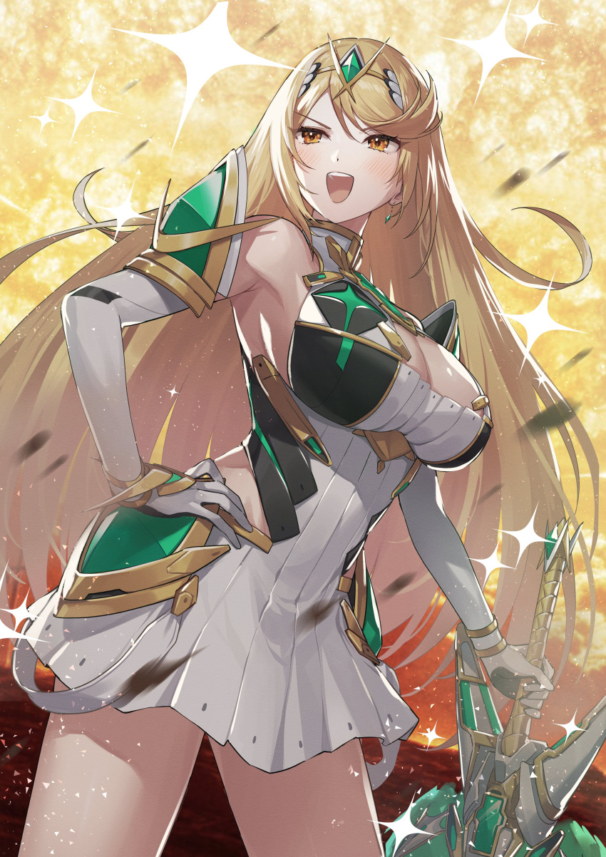 1girl absurd_res aegis_sword_(xenoblade) alluring big_breasts blonde_hair cleavage green322 high_res long_hair mythra very_long_hair xenoblade_(series) xenoblade_chronicles_2